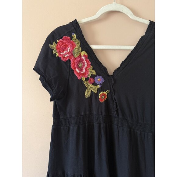 Johnny Was JWLA Black Embroidered Floral Tiered Cotton Peasant Mini Dress Boho M - Picture 4 of 9